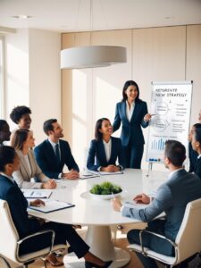 Führungskraft erklärt Team eine Strategie – Neuroleadership stärkt Zusammenarbeit