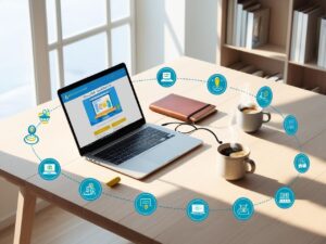Moderner Arbeitsplatz mit Laptop, Notizbuch und Lernsymbolen – Darstellung beruflicher Weiterbildung und digitaler Qualifikation auf Jobinaris.